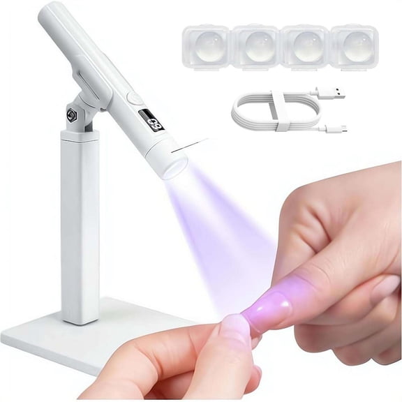 Mini UV LED Nail Lamp, Rechargeable Handheld Flash Cure Light Pen with Magnetic Stand, Portable Quick Dryer for Gel Polish, DIY Home Manicure & Travel(white）