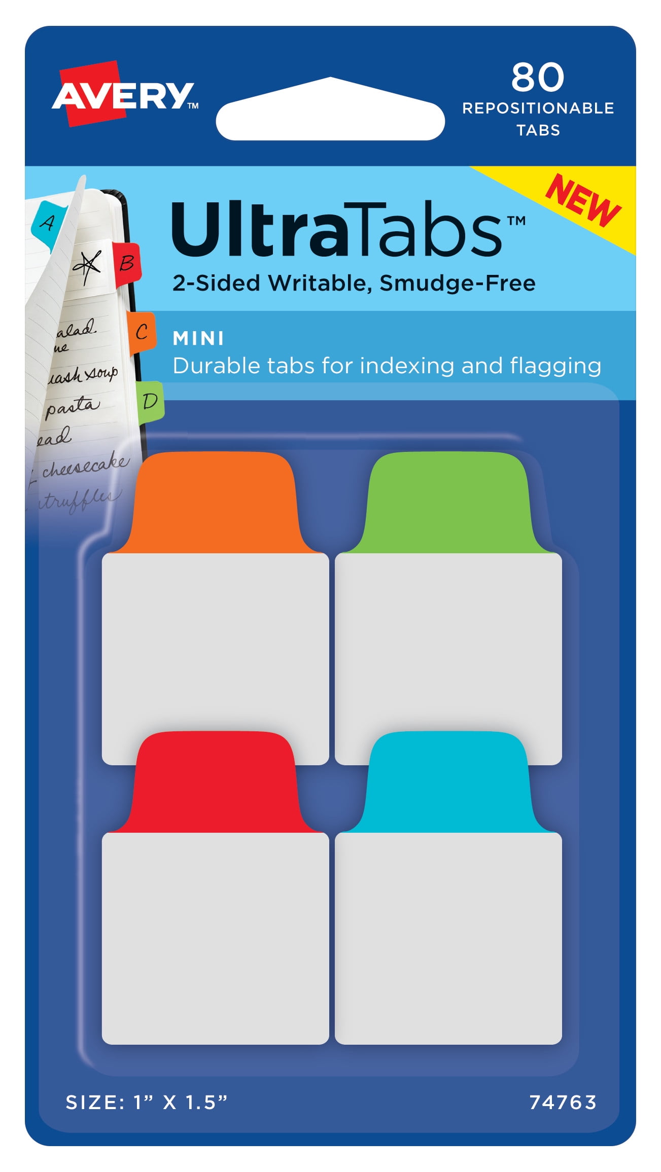 Mini Assorted Color Repositionable Writable Tabs, 1" x 1.5", 80-Pack