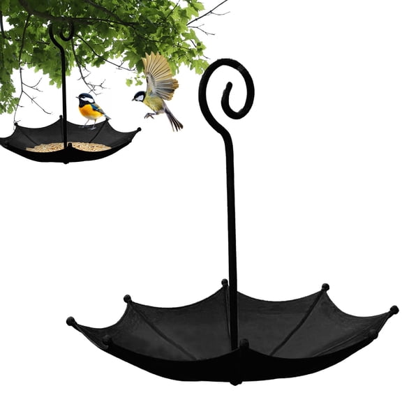 Mini Umbrella Bird Feeder, Charm,Unique Umbrella Design Hanging Metal Tray Bird Bath Waterer for Wild Birds Outdoor Patio Tree Decor Hummingbird Station (Black)