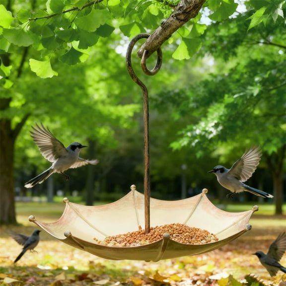 Mini Umbrella Bird Feeder for Outdoors, Hanging Metal Bird Bath & Wild Bird Seed Tray, Upside Down Antique Copper Yard Decor for Garden Patio, 7.1" x 6.5" x 6.5"