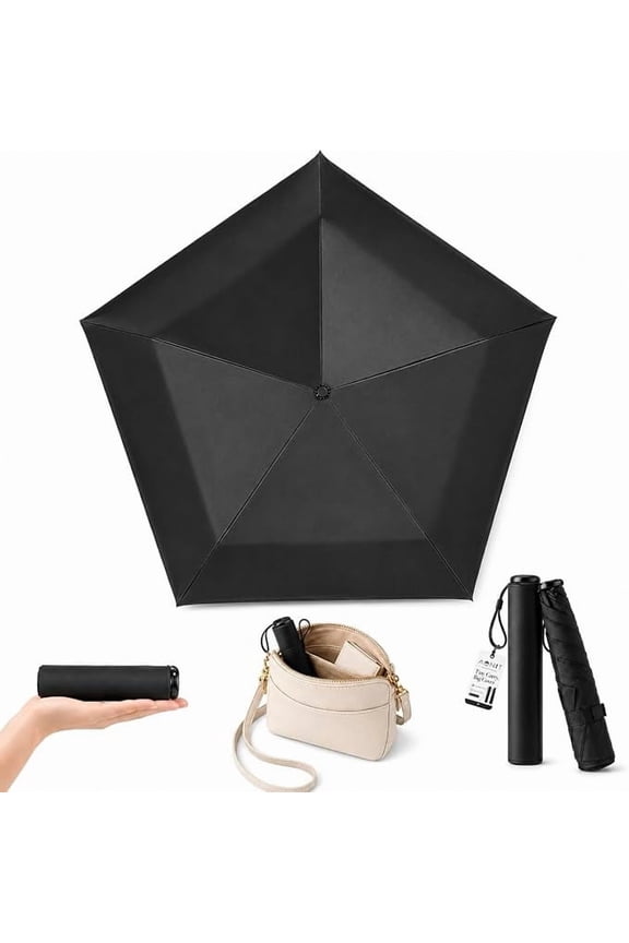 Mini Umbrella for Travel, Pencil Umbrella Ultra Light Compact Folding Pocket Parasol, Upf 50+ Sun Protection Rain Shade Small Portable for Backpack Handbag Beach Commute Outdoor Black