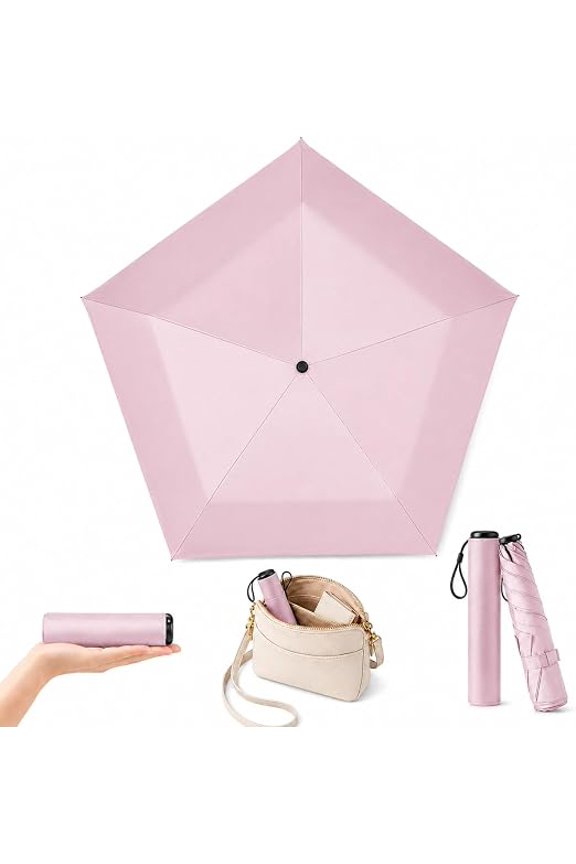 Mini Umbrella for Travel, Pencil Umbrella Ultra Light Compact Folding Pocket Parasol, Upf 50+ Sun Protection Rain Shade Small Portable for Backpack Handbag Beach Commute Outdoor Pink