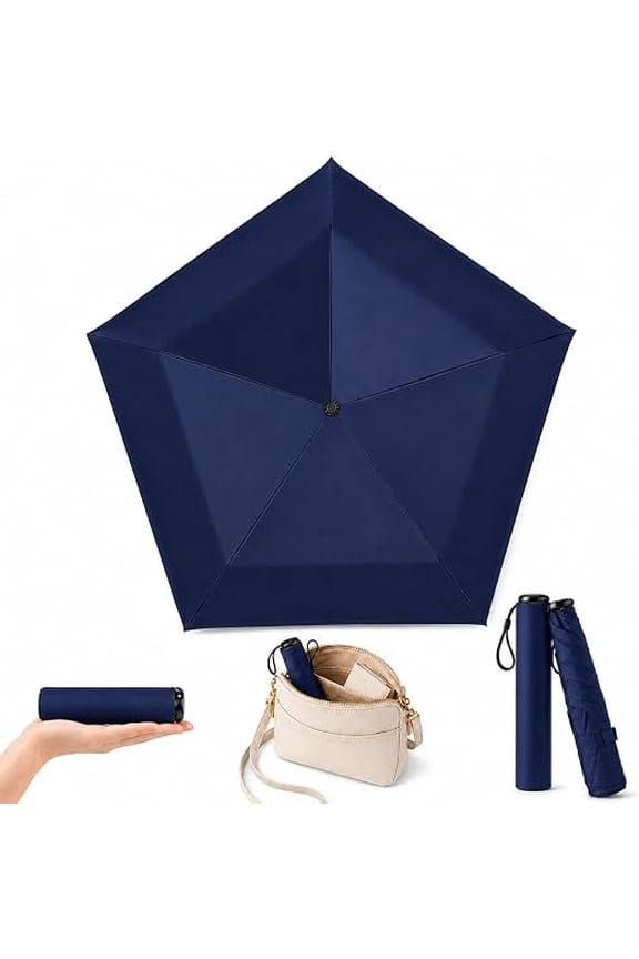 Mini Umbrella for Travel, Pencil Umbrella Ultra Light Compact Folding Pocket Parasol, Upf 50+ Sun Protection Rain Shade Small Portable for Backpack Handbag Beach Commute Outdoor Navy