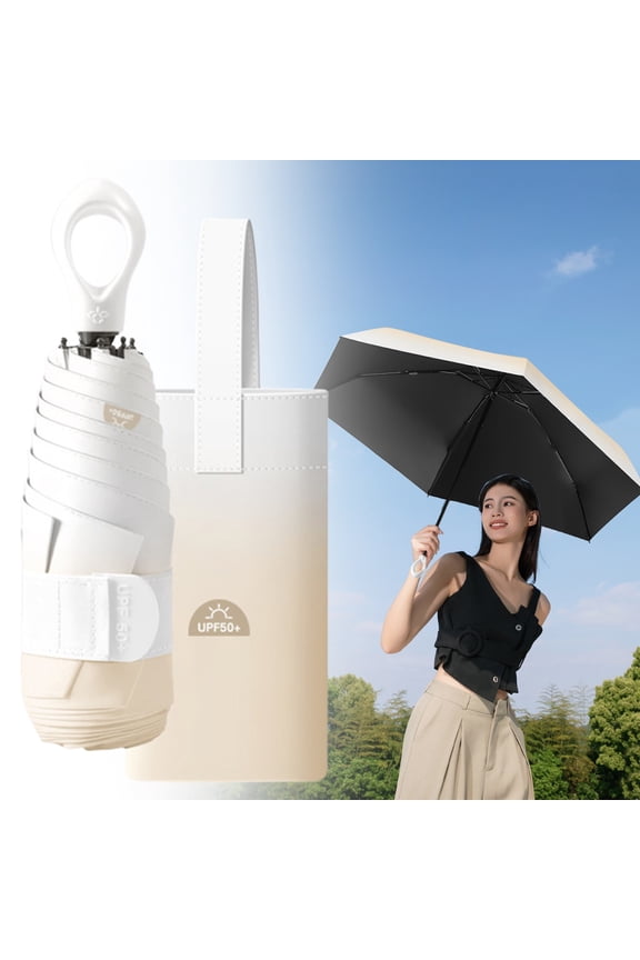 Mini Umbrella for Travel, Waterproof UV Protection Foldable Lightweight Parasol, Mini Travel Umbrella for Commuter Backpack Suitcase Home Office Beach Walking Hiking Outdoor Men Women, Beige