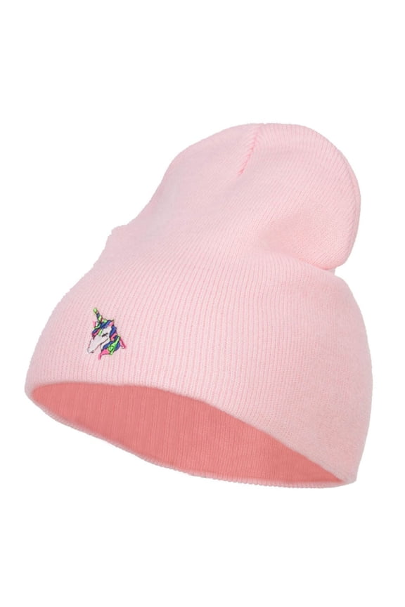 Mini Unicorn Embroidered Short Beanie - Pink OSFM