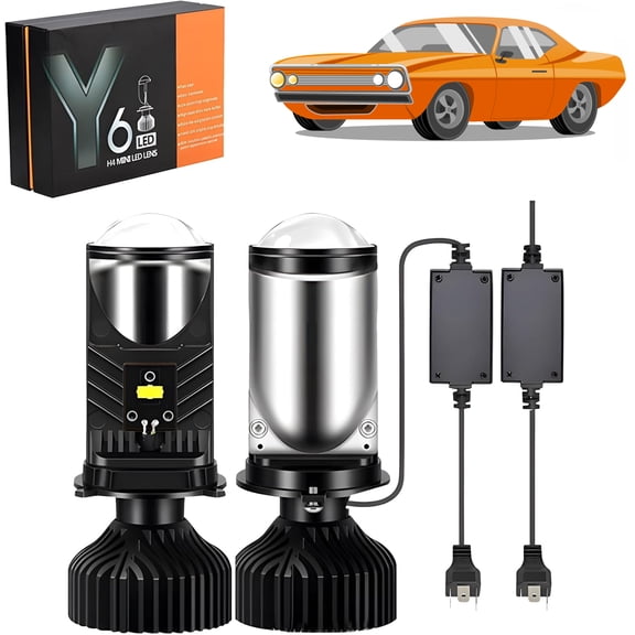 Mini Universal Projector LED Headlight, H4 Bulbs-30,000LM Extremely Bright 6500K White Hi-Lo Beam Function with Clear Cut Off Line,H4 Mini Projector Lens Retrofit Kit (35W)