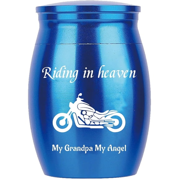 Mini Urn Small Keepsake Cremation Ashes Holder Miniature Burial Funeral Container Jar Stainless Steel for Human Ashes Pet Dog Cat 1.57 x 1.18 Inch-Riding in heaven My Grandpa My Angel(Blue)