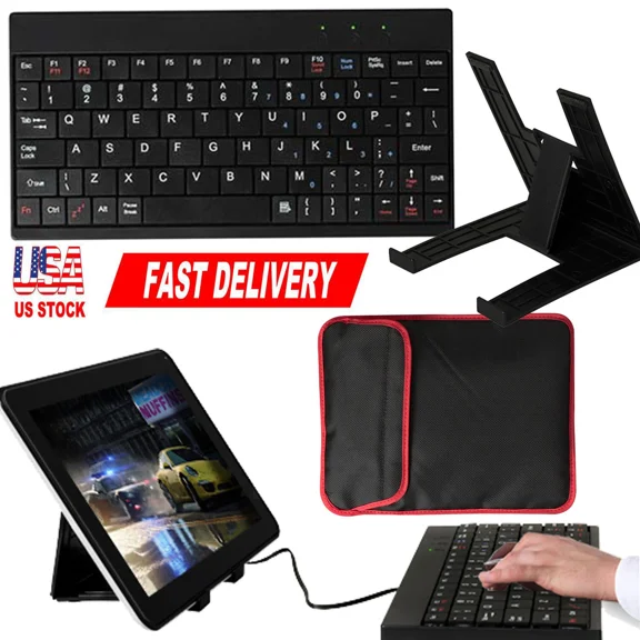 Mini Usb 2.0 Keyboard For Android Windows Laptop Pc W/Tablet Stand & Bag Case