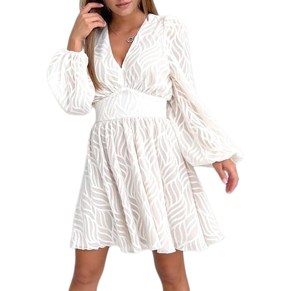Mini V-Neck Long Sleeve Dress for Women A-Line High Waisted Casual Flowy Dress Black S