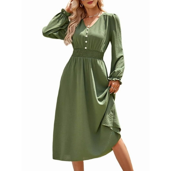 Mini V Neck Long Sleeve Dress for Women A-Line High Waisted Casual Flowy Dress for Cocktail Wedding Guest Green M