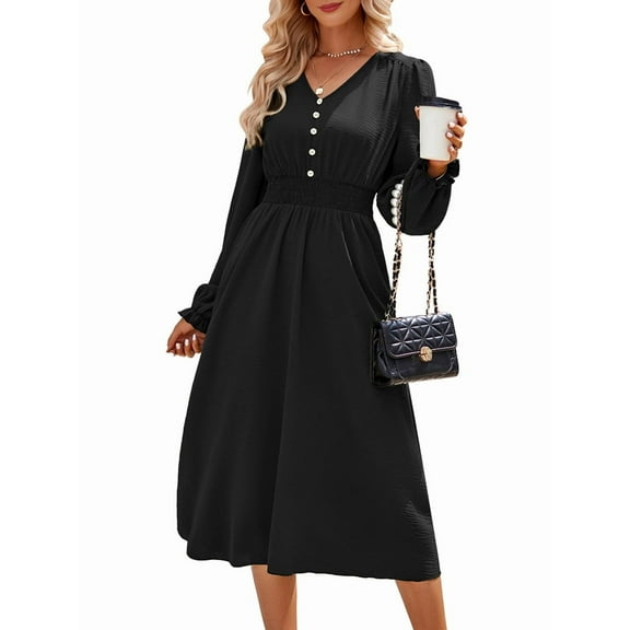 Mini V Neck Long Sleeve Dress for Women A-Line High Waisted Casual Flowy Dress for Cocktail Wedding Guest Black L