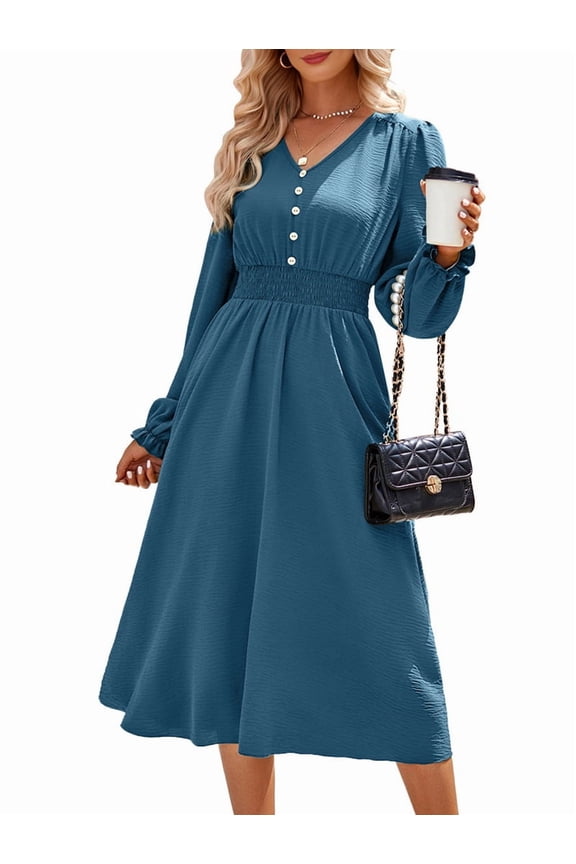 Mini V Neck Long Sleeve Dress for Women A-Line High Waisted Casual Flowy Dress for Cocktail Wedding Guest Blue L