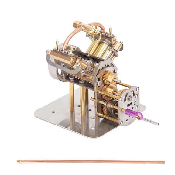 Mini V4 Multi-Cylinder Steam Engine Model with Reverse Gearbox - Walschaerts Valve Gear, Metal Educational Engineering Kit (Without Boiler)