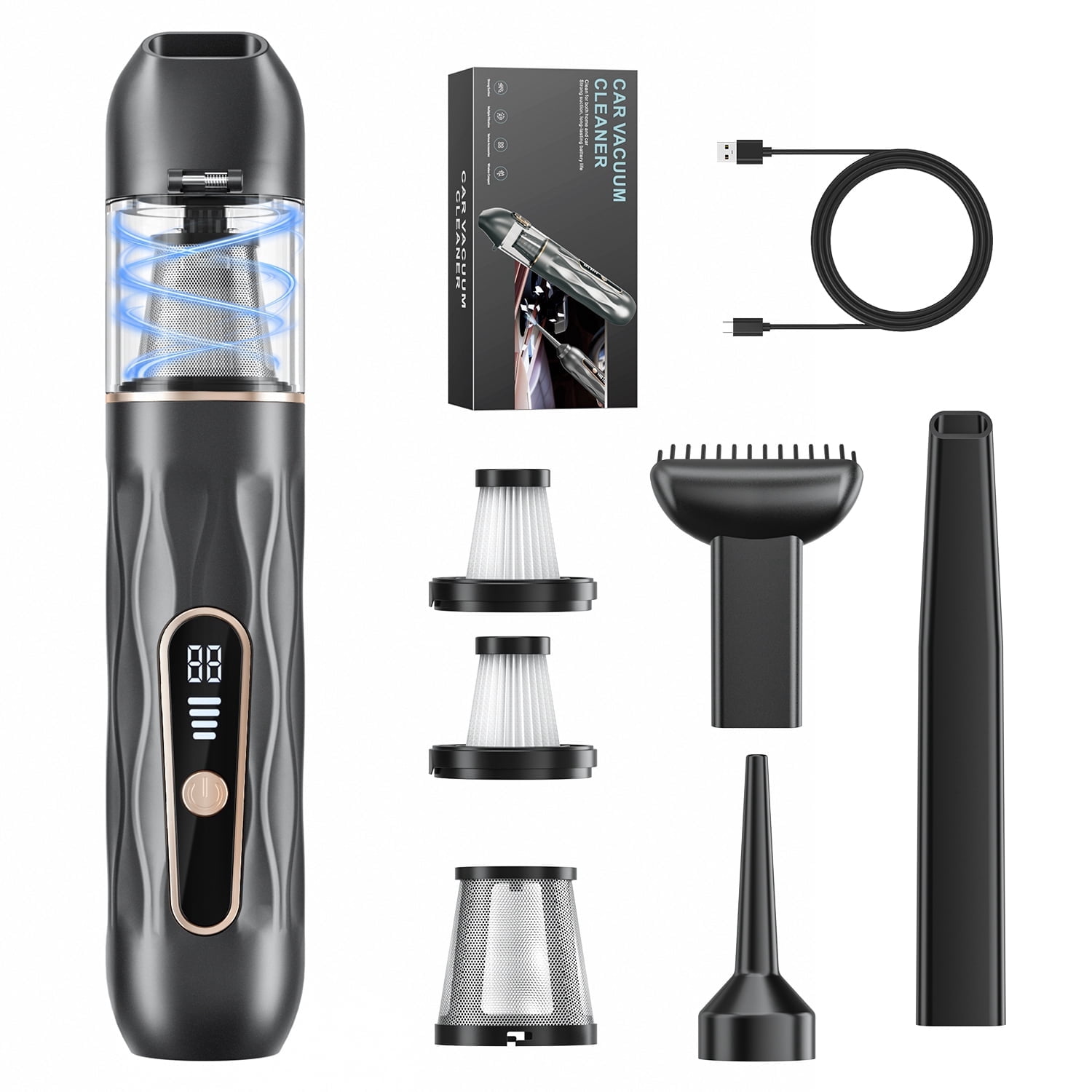 Askmuse Cordless Car Handheld Vacuum Cleaner, 20000Pa Portable Mini Vacuum, 7500mAh Rechargeable Battery, 4-Speed Suction, HEPA & Metal Filter, Long Nozzle, Brush Nozzle and Blow Nozzle, Black