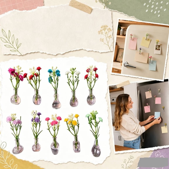 Mini Vase Magnets for Fridge, 10pack Cute Tiny Magnetic Glass Vases Refrigerator Accessories, Real Flowers Pot Magnet, Funny Aesthetic Plant Pot Locker Office Kitchen Decoration, Small Magnet Bud