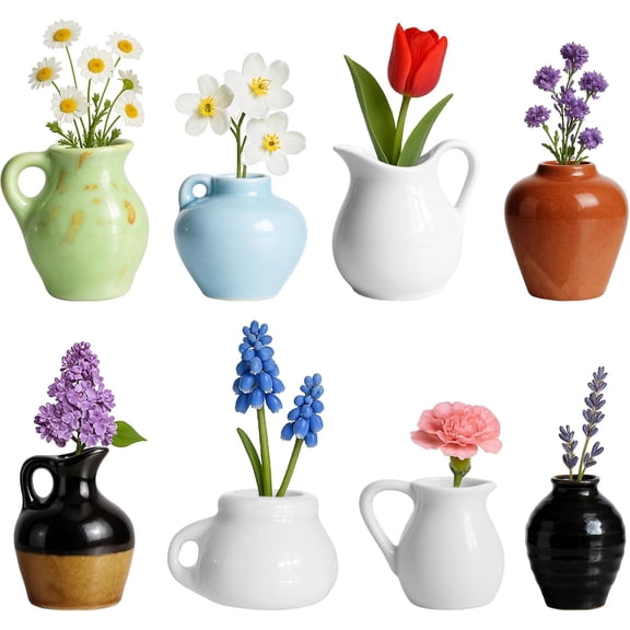 Mini Vase Magnets for Fridge 8PCS - 3D Ceramic Tiny Plant Vase Magnets Fridge Decoration Set Design for Refrigerator, Lockers & Office Spaces (8PCS, Without Flower)
