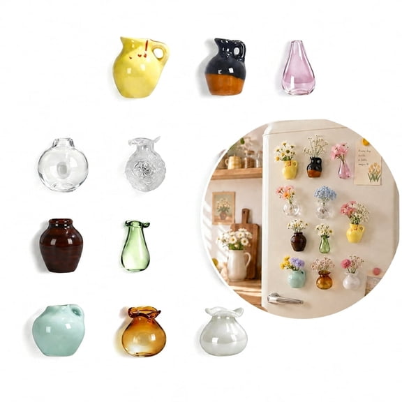 Mini Vase Magnets for Fridge - 10-Pack Mixed Ceramic and Glass Bud Vases - Slam-Proof for Mom, Teachers, Coworkers and Office Decor
