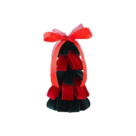 Mini Velvet Christmas Tree Tabletop Decor With Red Ribbon Bow Small Handmade Xmas Centerpiece Ornament For Window Shelf Home Holiday Indoor Decoration