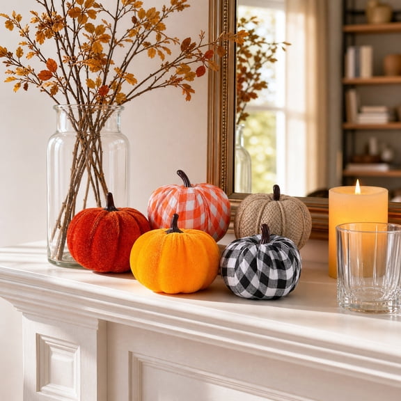 Mini Velvet Pumpkin Ornaments, Plaid Fall Tiered Tray Decor, Thanksgiving Tabletop Centerpiece, Soft Fabric Pumpkins for Shelves, Harvest Table Accents