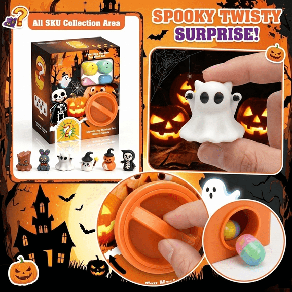 Mini Vending Machine, Twist to Release 6 Surprise Mystery Eggs, for Student Halloween Party Favor and Spooky Game Night Play, Halloween Blind Box Resin Novelty Toys, 8X6X8 Inch, 1
