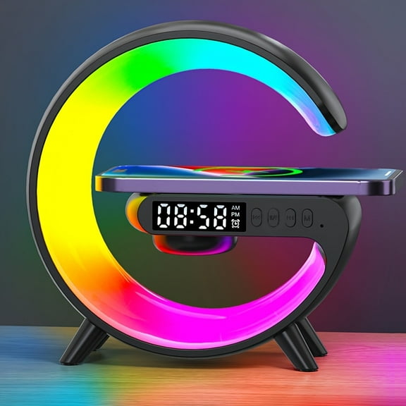 Mini Version Multifunctional Cell Phone Wireless Charging Station Fast Wireless Charger Portable Speaker Hi-FI Sound Quality LED RGB Night Light Alarm Clock for iPhone 16 15 14 13 12 11 Holiday Gift