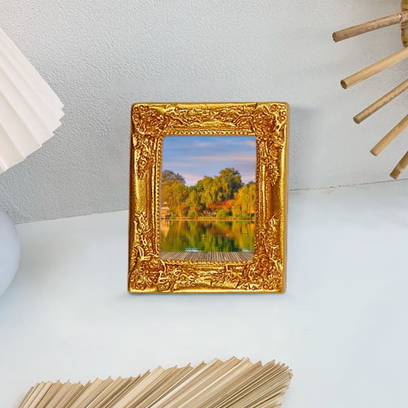 Mini Vintage House Photo Frame, Retro Carved Resin Tabletop Picture Display, Antique Hanging Wall Frame Ornament for Dollhouse Miniatures Home Decor