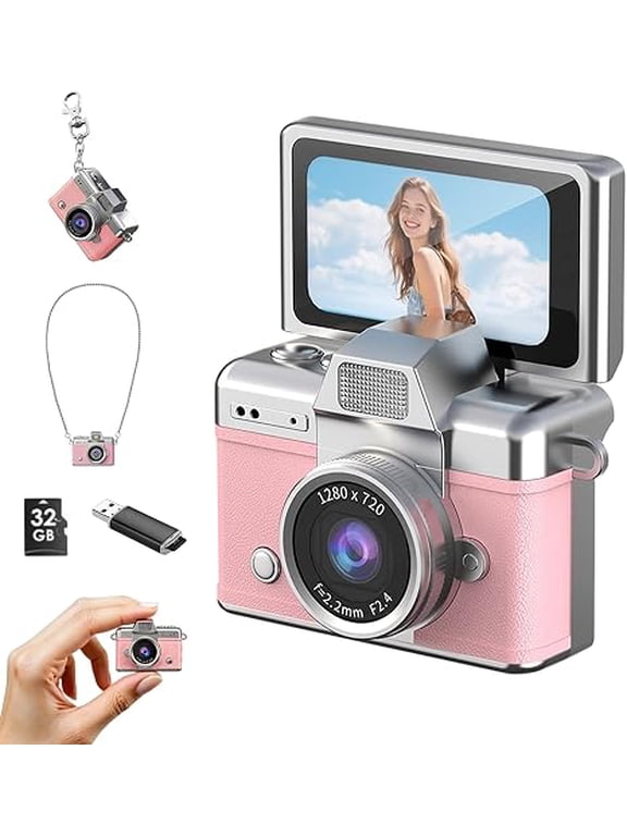 Mini Vintage Keychain Camera, 1080P HD 48MP Portable Pocket Camera with 180 Flip Screen, 6 Filters and 32GB SD Card for Teens Travel Party Gift (k)