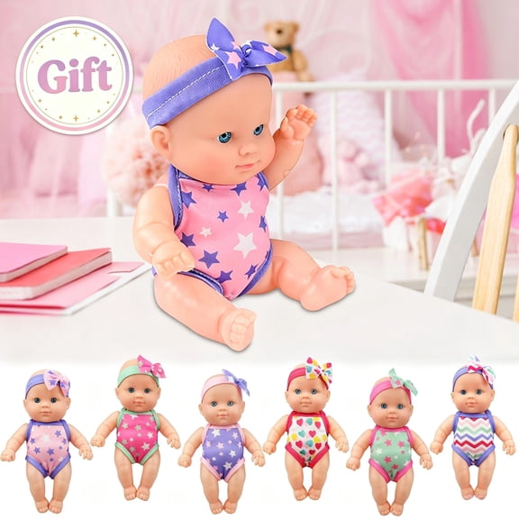 Mini Vinyl Bath Baby Doll with Removable Swimsuit & Bow Headband, Flexible Rotatable Joints Pool Beach Water Play Doll, Safe Smooth Simulated Soothing Toy Gift for Kids Summer Nurture Pretend Play