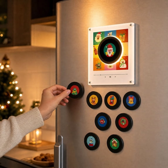 Mini Vinyl Fridge Record Player, Christmas Magnetic Jingle Music Box Set for Refrigerator with 9 Programmable Discs , LED Acrylic Frame Personalized Audio for Christmas Decor and Gift,1 Set-E