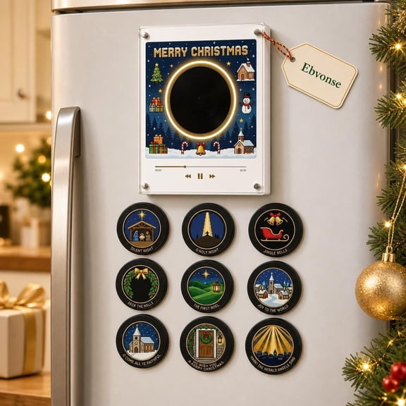 Mini Vinyl Music Player, Magnetic Fridge Decor with 9 NFC Records