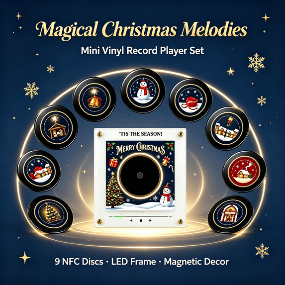 Magnetic Music Box Fridge, Christmas Magnetic NFC Music Box with 9 Programmable Vinyl‑Style NFC Discs, Rotating Warm LED Light, USB‑C Powered, Phone‑Free Playback, Decor Gift for Refrigerator