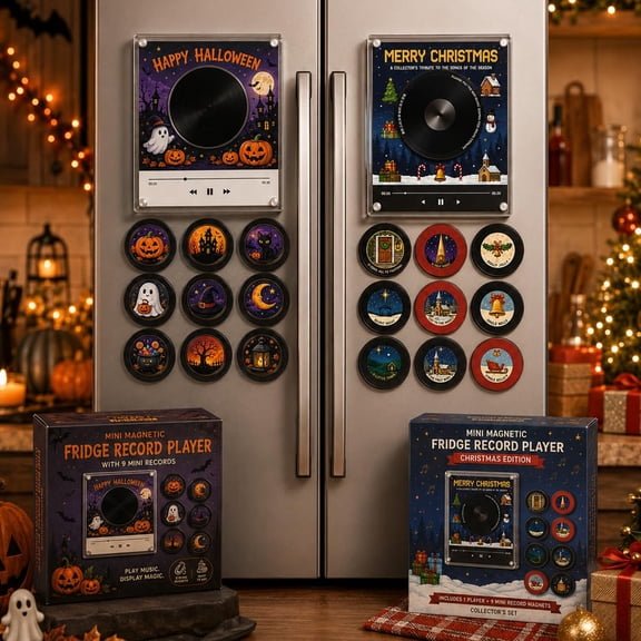 Mini Vinyl Record Player Fridge Magnet Set, Halloween Christmas Magnetic Music Box with 9 NFC Mini Records, USB C 128MB, Retro LED Decor for Refrigerator