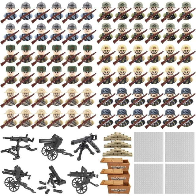 Mini WW2 Army Men Figures Pack, World War 2 Military Soldier Figures Building Set with Weapons Baseplates