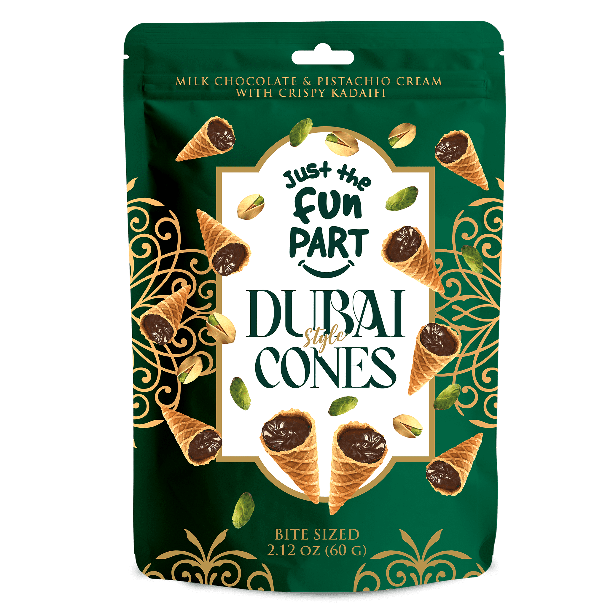 Just The Fun Part Dubai Style Waffle Cones Filled with Milk Chocolate, Pistachio Cream & Crispy Kadaifi