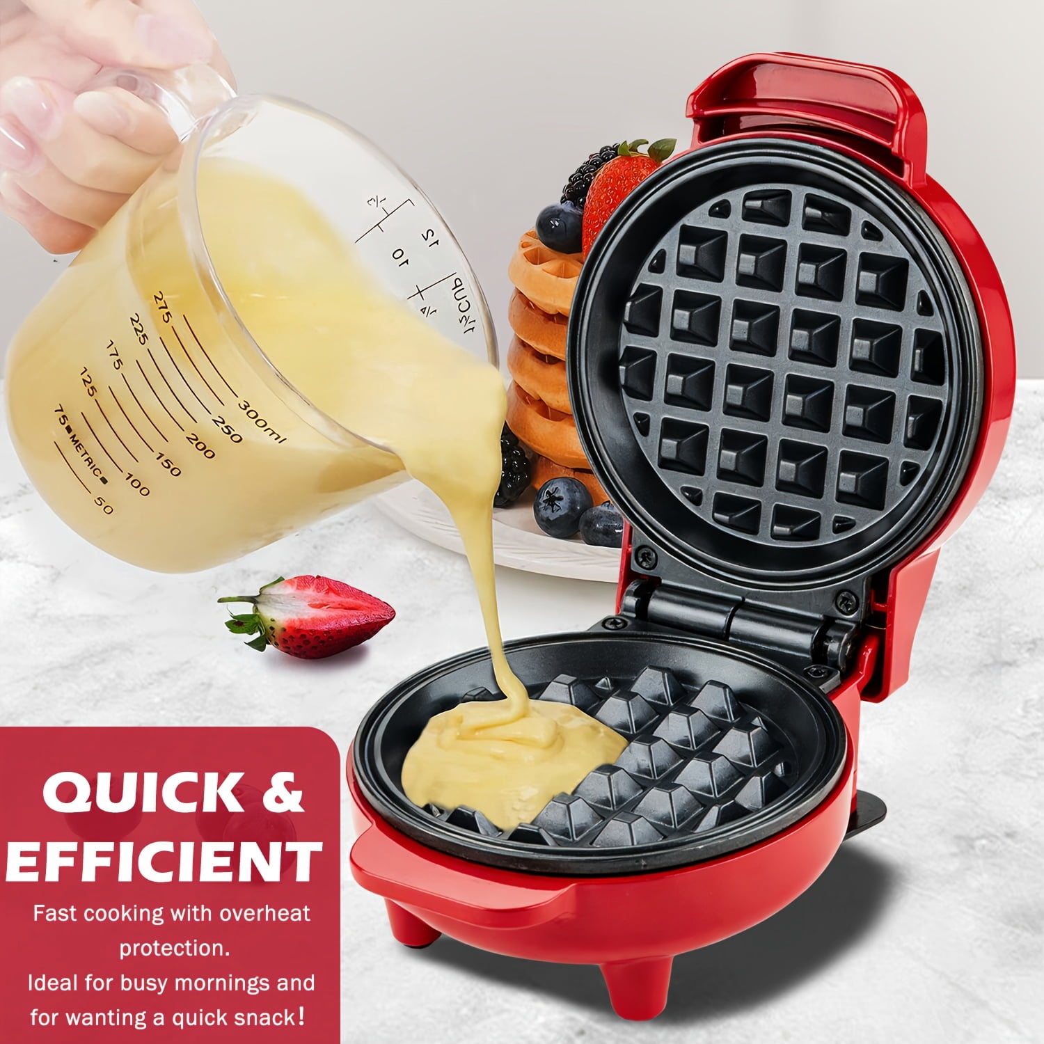 Mini Waffle Maker, 4.5" Non-Stick Griddle, 550W Fast Cooking Under 4 Mins, Perfect for Breakfast Brunch Lunch Snacks, Red