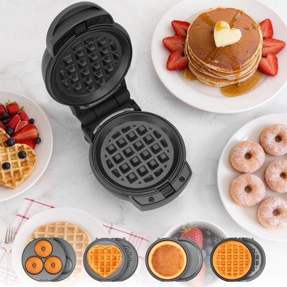 Mini Waffle Maker - Mini Machine For Creative Homemade Snacks, Favorite Gifts, Printed Designs (donuts, Hearts, Circles, Round Waffles), Non Stick Ironing, Red, Blue, Black