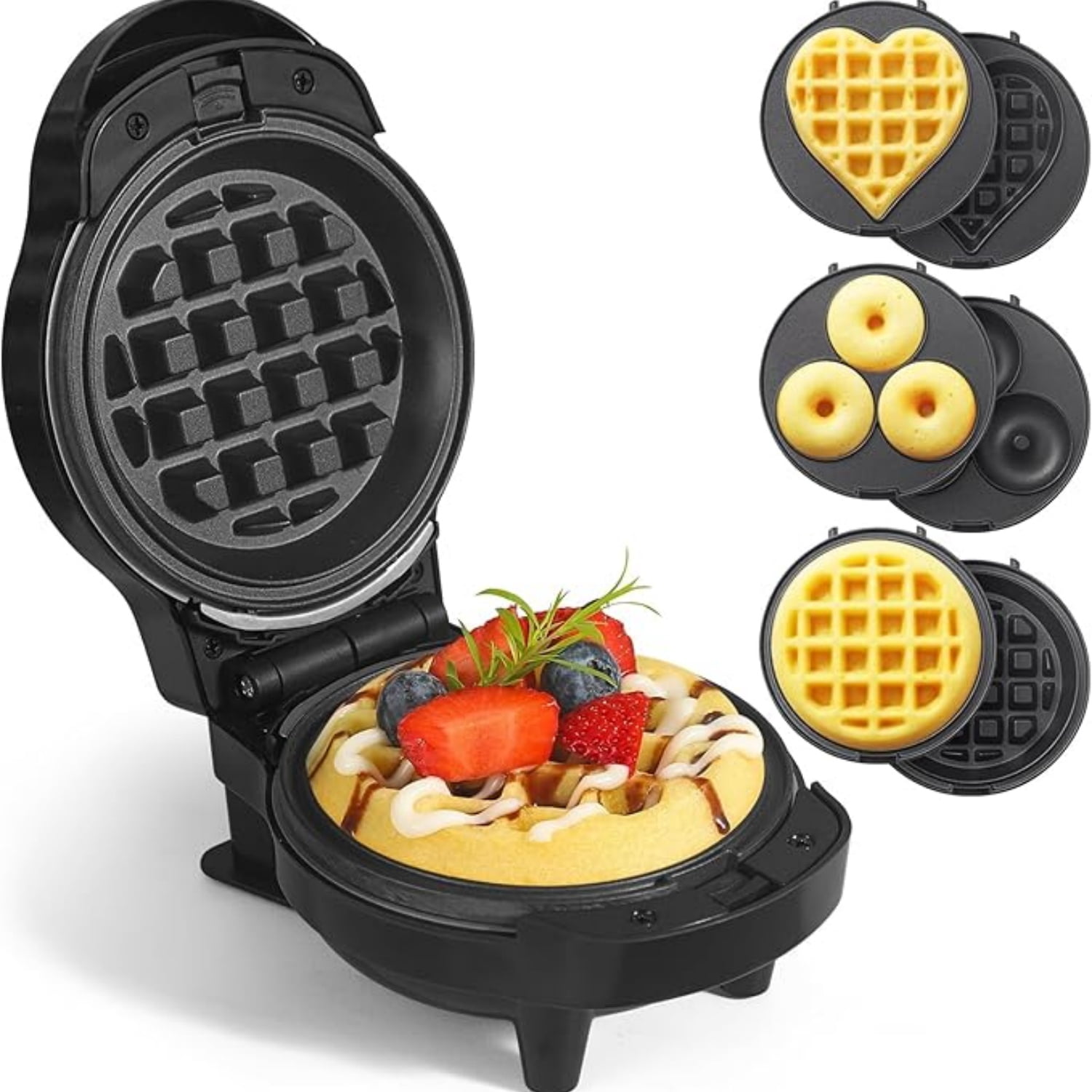 Mini Waffles Maker With 6 Removable Plates  3 In 1 Small Waffle Mini- Heart Donut 4.5" Non Stick Iron For And Families Black