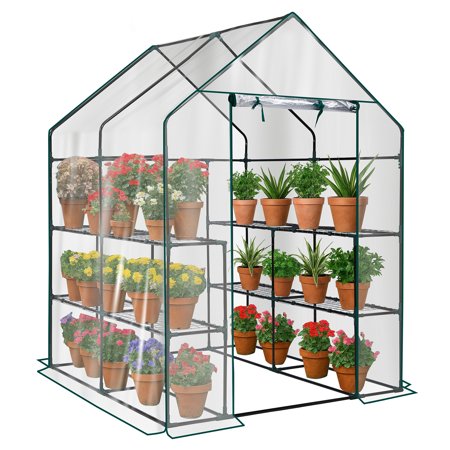 Mini Walk-in Greenhouse | 8-Shelf PVC Plant Gardening | Indoor Outdoor Backyard Patio | 56"W x 56"D x 77"H | Transparent