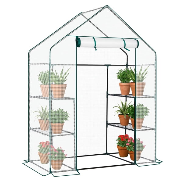 Mini Walk-in Greenhouse with PE Cover, 4-Shelf Indoor Outdoor Plant Gardening Green House for Garden Backyard, 56" x 29" x 77", White