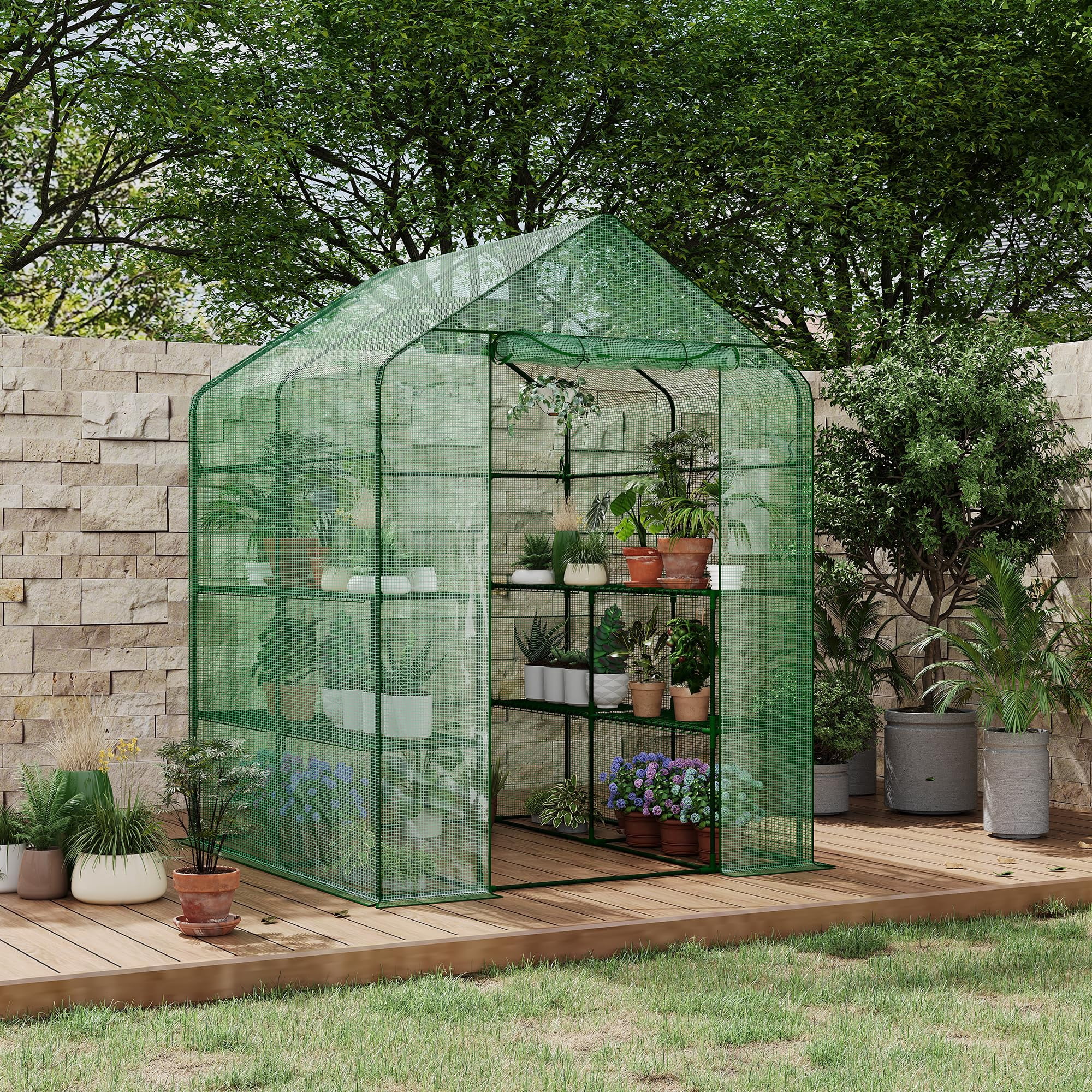 Mini Walk-in Greenhouse with PE Cover, 4-Shelf Indoor Outdoor Plant House for Garden Backyard, 56"x56"x77", Green