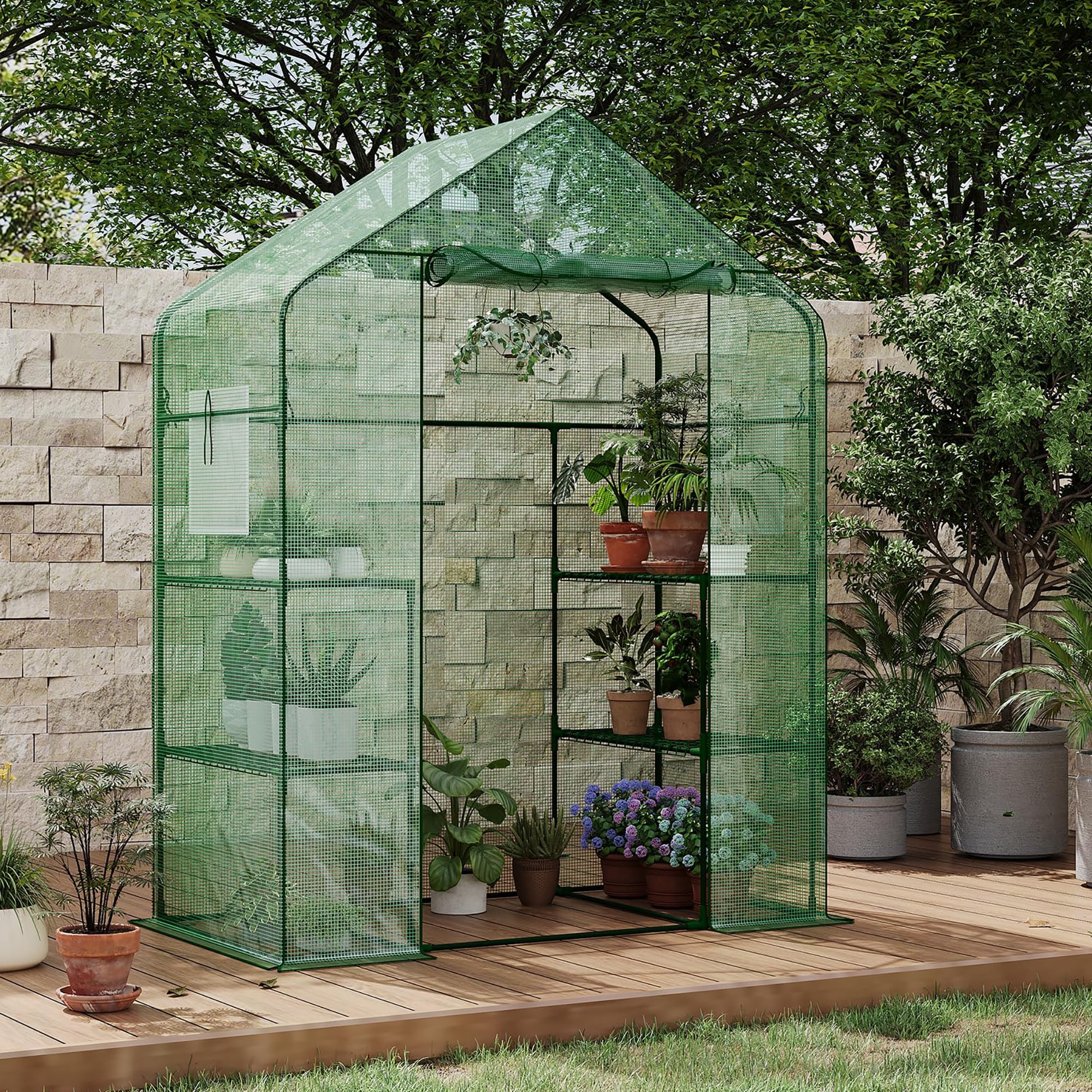Mini Walk-in Greenhouse with PE Cover, 4-Shelf Indoor Outdoor Plant House with Window for Garden Backyard, 56"x29"x77", Green