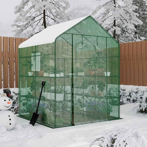 Mini Walk-in Greenhouse with PE Cover, 4-Shelf Indoor Outdoor Plant House with Window for Garden Backyard, 56"x56"x77", Green
