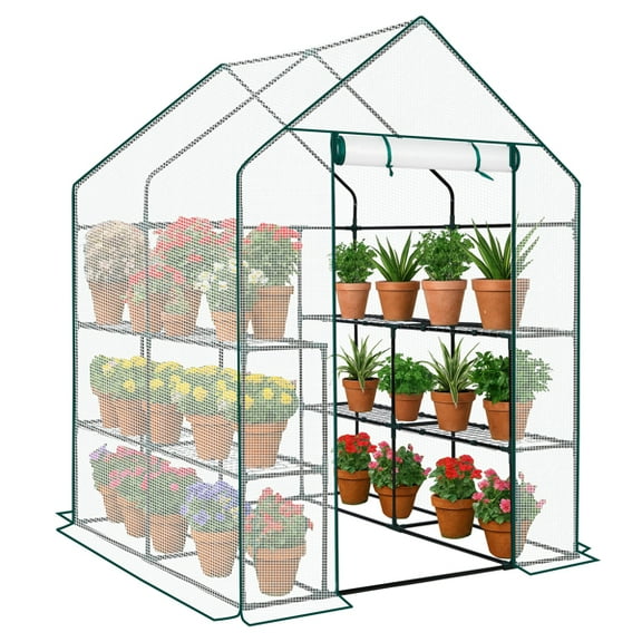 Mini Walk-in Greenhouse with PE Cover, 8-Shelf Indoor Outdoor Plant Gardening Green House for Garden Backyard, 56" x 56" x 77", White