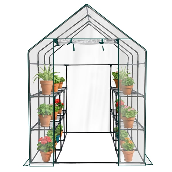 Mini Walk-in Greenhouse with PVC Cover, 8-Shelf Indoor Outdoor Plant Gardening Green House for Garden Backyard, 56" x 56" x 77", Transparent