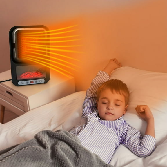 Mini Wall Mounted Heating Fan – Portable Desktop Heater with Realistic Flame Effect, Remote Control & Digital Display – Black Electric Fireplace for Office or Home