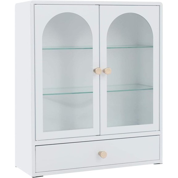 Mini Wall-Mounted Metal Display Cabinet with Tempered Glass Door and Drawer for Kitchen Counter
