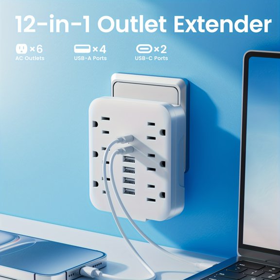 Mini Wall Outlet Extender, 6 AC Outlets, 4 USB-A & 2 USB-C Ports, Portable Multi Socket Charging Adapter for Home School Office Travel