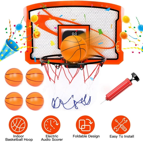 Mini Wall Room Basketball Hoop Rim Kids Basketball Toy w/ Inflatable Balls Scorer