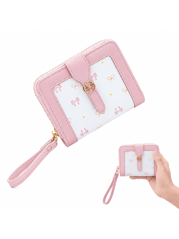 Mini Wallet, Pink Wallet, Girls Wallet, Small Wallet for Women, Cute Wallet, Bow Pattern Zipper Short Purse with Wrist Strap for Cards and Cash