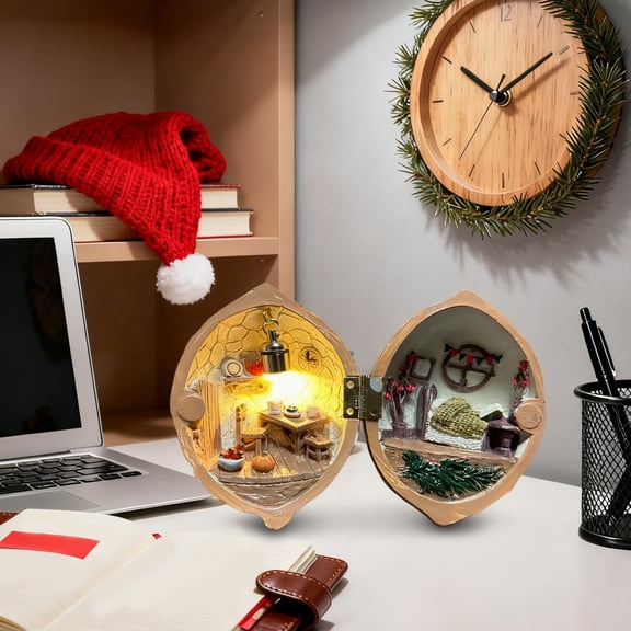 Mini Walnut Shell Doll House – Handmade Resin Library Scene with Light | Tiny 3D Miniature Home for Desk, Collectible & Creative Gift